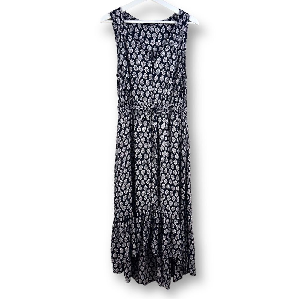 Lucky Brand Womens M Sleeveless Tiered Hi Low Midi Dress Black White Cottagecore